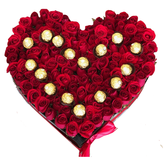 Caja corazón con 36 rosas y bombones ferrero rocher Caja corazón con 36 rosas y bombones ferrero rocher