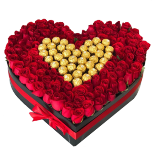 Caja corazón con 36 rosas y bombones ferrero rocher