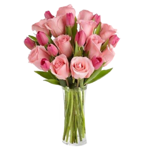 Florero de 12 rosas y 10 tulipanes