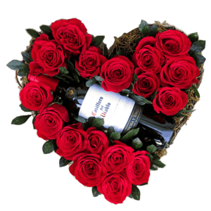 Caja corazón con 18 rosas y casillero del diable de 375ml