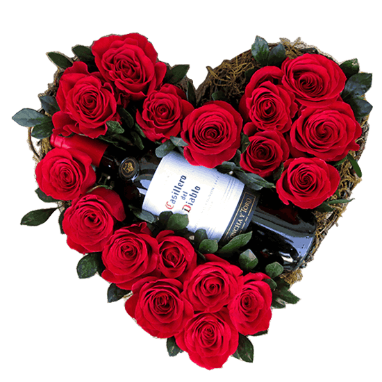 Caja corazón con 18 rosas y casillero del diable de 375ml Caja corazón con 18 rosas y casillero del diable de 375ml