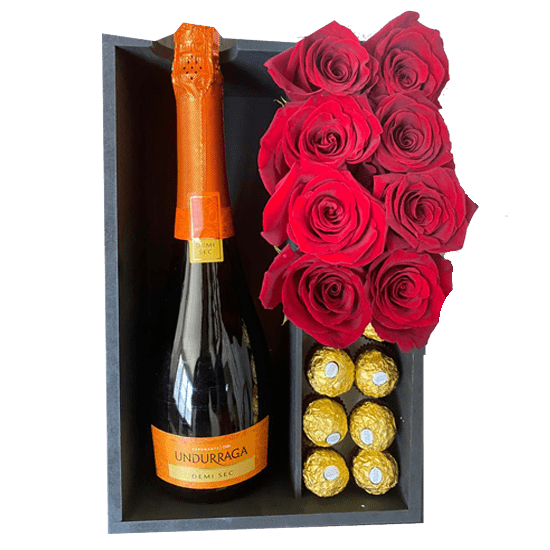 Caja con espumante, 8 rosas y 8 bombones Caja con espumante, 8 rosas y 8 bombones