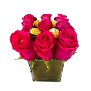 Cubo dorado con 9 Rosas Importadas y 4 Bombones Ferrero Rocher