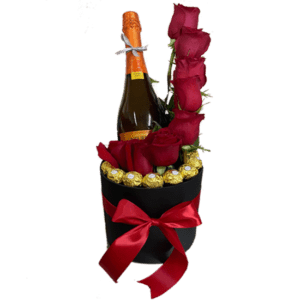 Caja clindrica con 8 rosas, bombones ferrero y espumante