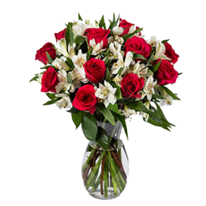 Florero con 12 rosas y astromelias blancas