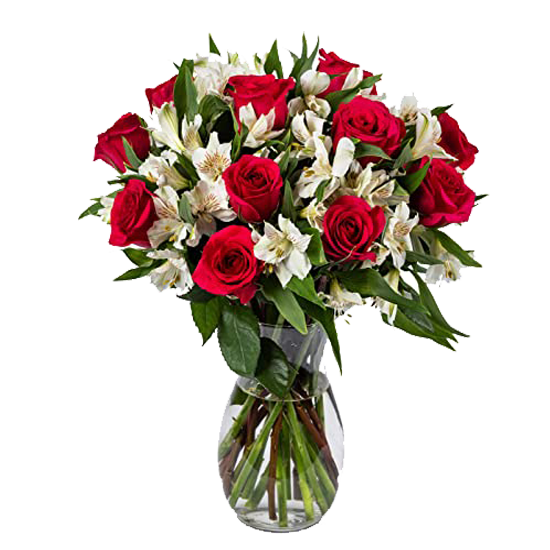 Florero con 12 rosas y astromelias blancas Florero con 12 rosas y astromelias blancas