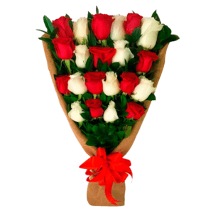 Ramo con 24 rosas rojo blanco
