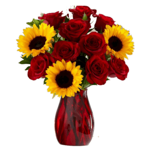 Florero con 12 Rosas y Girasoles