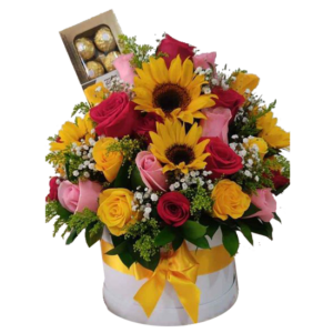 Caja cilindrica con Girasoles y Rosas multicolor