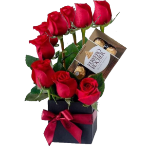 Caja cuadrada con 9 rosas y bombones ferrero rocher