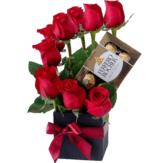 Caja cuadrada con 9 rosas y bombones ferrero rocher Caja cuadrada con 9 rosas y bombones ferrero rocher