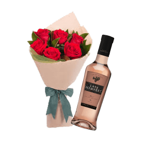 Ramo con 6 rosas y vino