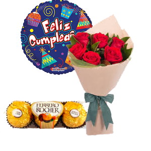 Ramo con 6 rosas, Ferrero Rocher de 65grs y Globito