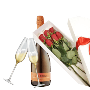 Caja con 6 Rosas Importadas, 2 Copas y Espumante