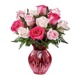 Florero con 12 rosas rosado fucsia