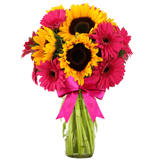 Florero con 10 girasoles y 10 gerberas